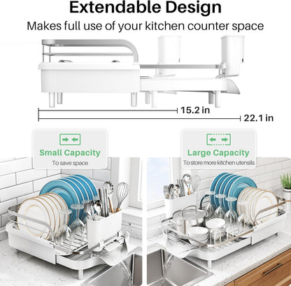 SNTD Dish Drying Rack, Expandable Dish Rack for Kitchen Counter, Stainless Steel Dish Drainer with Drainboard Set and Utensil Holder (White)