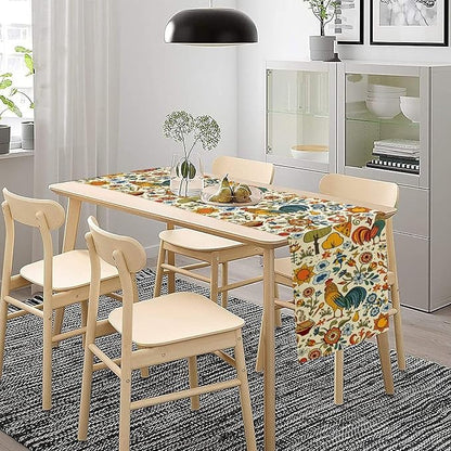 Farm Animal Table Runner, Boho Folk Style Country Rustic Farmhouse Rooster Flower Print Table Runner for Home Kitchen Dining Holiday Decor, 13x120inch