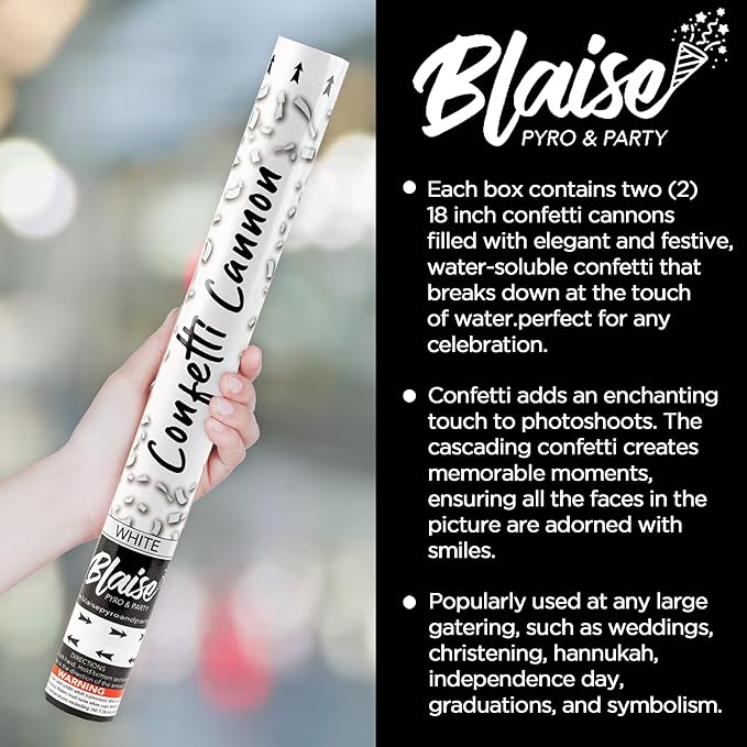 Blaise Pyro & Party White Confetti Poppers - Large Confetti Poppers for Weddings, Engangements, & Graduations - Water-Soluble & Easy Clean-Up - 2 Pack, 18 Inch