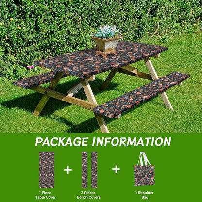 Mushroom Picnic Table Cover with Bench Covers and Carrying Bag, Forest Floral Plant Retro Rectangle Table Cover, Outdoor Patio Camping Essentials 6FT 4PCS, Camping Fitted Tablecloth