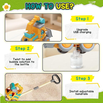 Bubble Machine for Toddlers 3-6: Construction Truck Bubble Lawn Mover, 2-in-1 Handheld Push Automatic Bubble Blower with Led Lights USB Rechargeable, Bubbles Toy for Kids Boy Girl 3-6 Year Old
