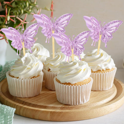 Chinco 48 Pcs Butterfly Cupcake Toppers Assembled Double Layer Cupcake Topper 3D Glitter Cake Topper Butterfly Cocktail Pick Decoration for Baby Shower Birthday Wedding(Purple,Retro Style)