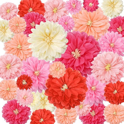 Geyee 18 Pcs Mexican Paper Flowers Colorful Fiesta Tissue Paper Flowers Pom Poms Mexican Carnival for Floral Party Backdrop Wedding Birthday Party Craft(Pink Series,10" 12" 14")