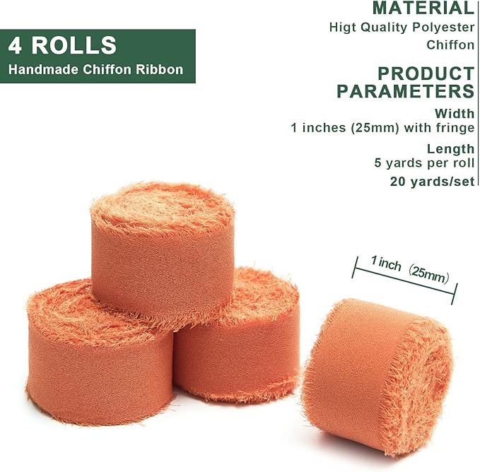 4 Rolls Orange Handmade Fringe Chiffon Silk Ribbon 1" W x 5Yd Per Roll,Frayed Edges Ribbon Set for Gifts Wrapping,Wedding Invitations,Bouquets,DIY Crafts (1" x20Yd, Orange)