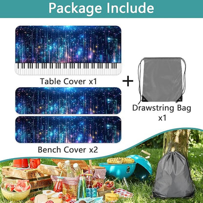 Piano Keyboard Picnic Table Cover with Bench Covers, Camping Essentials, Music Themed Waterproof Windproof, Fitted Tablecloth Cover with Elastic Edge, for Outdoor, Garden, 3 PCS, 30x72 Inch