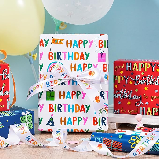 WRAPAHOLIC Birthday Wrapping Paper Roll - 3 Mini Rolls - 17 Inch x 120 Inch Per Roll - Gift Box and Happy Birthday Wrapping Paper for Boys Girls Kids, Baby Shower