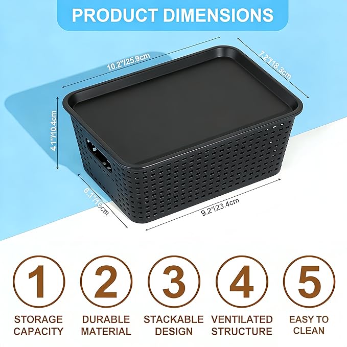6-Pack Stackable Plastic Woven Storage Baskets with Lids, Hollow Out Weave Bins with Handles + 2 Kraft Labels (BlackBasket-BlackLid)