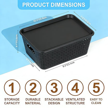 6-Pack Stackable Plastic Woven Storage Baskets with Lids, Hollow Out Weave Bins with Handles + 2 Kraft Labels (BlackBasket-BlackLid)