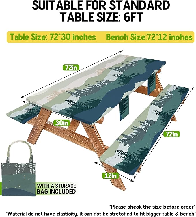 Picnic Table Cover with Bench Covers Waterproof Elastic Rectangle Tablecloth Camping Essentials Supplies Rv Car Travel Must Haves Gear Accessories Fitted Table Cloth Outdoor Road Trip Camper Gifts 6ft