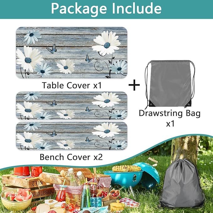 Rustic Daisy Picnic Table Cover with Bench Covers, Farmhouse Vintage Floral on Wooden Board Blue Flower Tablecloth for Camping Indoor Outdoor Party Decorations, 30X72in