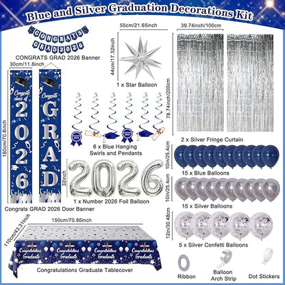 Graduation Decorations Class of 2026, Navy Blue and Silver Graduation Decorations, 2026 Graduation Party Decorations with Congrats GRAD 2026 Banner Tablecover Balloons for College High School Nursing