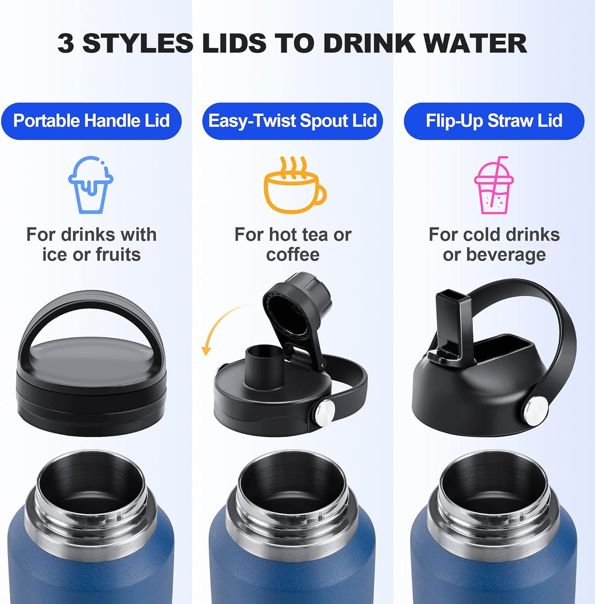 Hydrowion Water Bottle Insulated,32oz Water Bottles Straw Lid, Spout Lid and Flex Cap, Tumbler Flask (Cold for 48 Hrs, Hot for 24 Hrs)