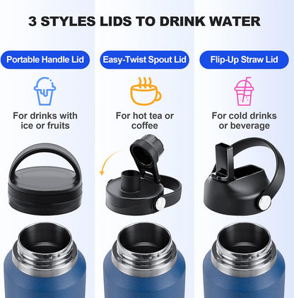 Hydrowion Water Bottle Insulated,32oz Water Bottles Straw Lid, Spout Lid and Flex Cap, Tumbler Flask (Cold for 48 Hrs, Hot for 24 Hrs)