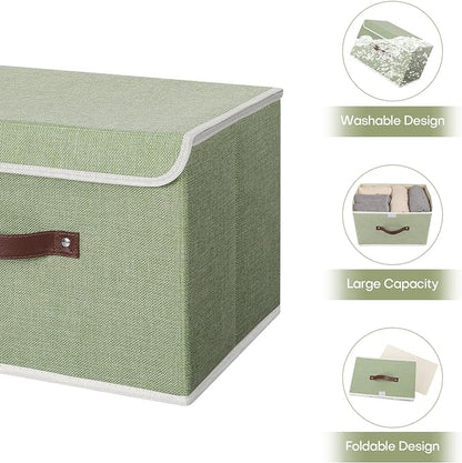 ANMINY Storage Bin with Lid Storage Boxes with PU Leather Handles PP Plastic Board Decorative Foldable Lidded Cotton Linen Fabric Home Cubes Baskets Closet Organizer Container - Green, Medium