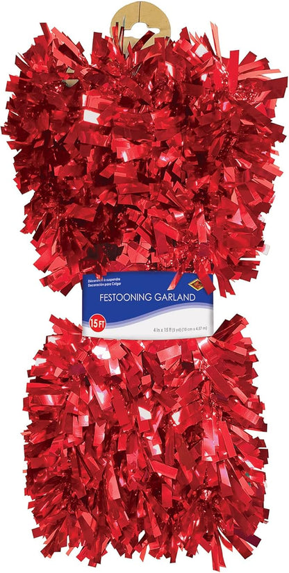 Beistle Metallic Festooning Garland Hanging Decorations, Christmas Party Supplies, Valentine's Day, 4" x 15', Red