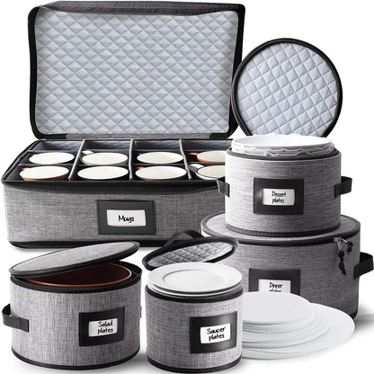 Fine China Storage Containers, 5 Piece Quilted Dish Storage Containers, Mug, Cup, and Plate Dish Organizer with Felt Dividers, Service of 12 Dinnerware Boxes for Moving, Seasonal Organization, Grey