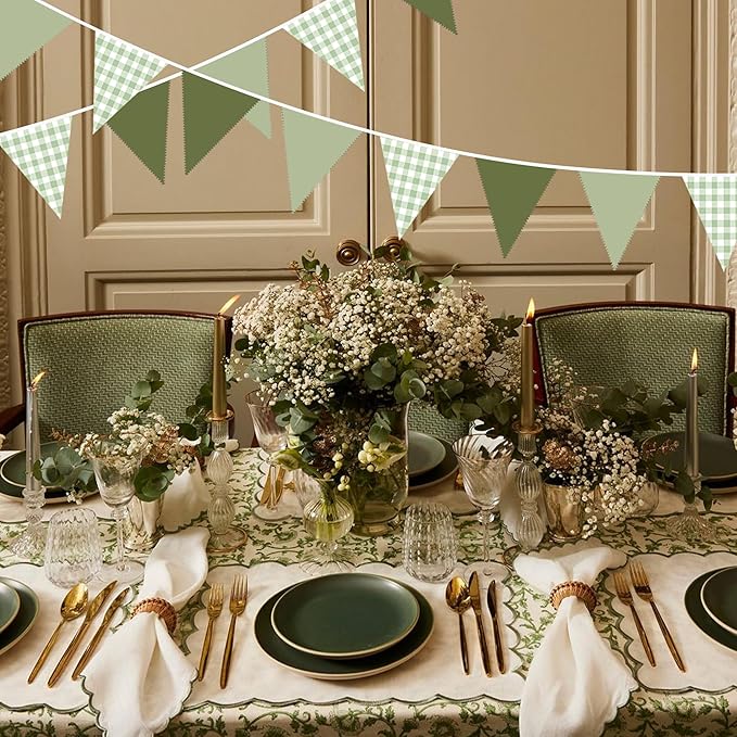 32Ft Sage Green Party Decorations Sage Gingham Banner Olive Green Buffalo Plaid Checkered Triangle Flag Pennant Fabric Garland Streamers for Birthday Baby Shower Wedding Picnic Golf Party Decorations