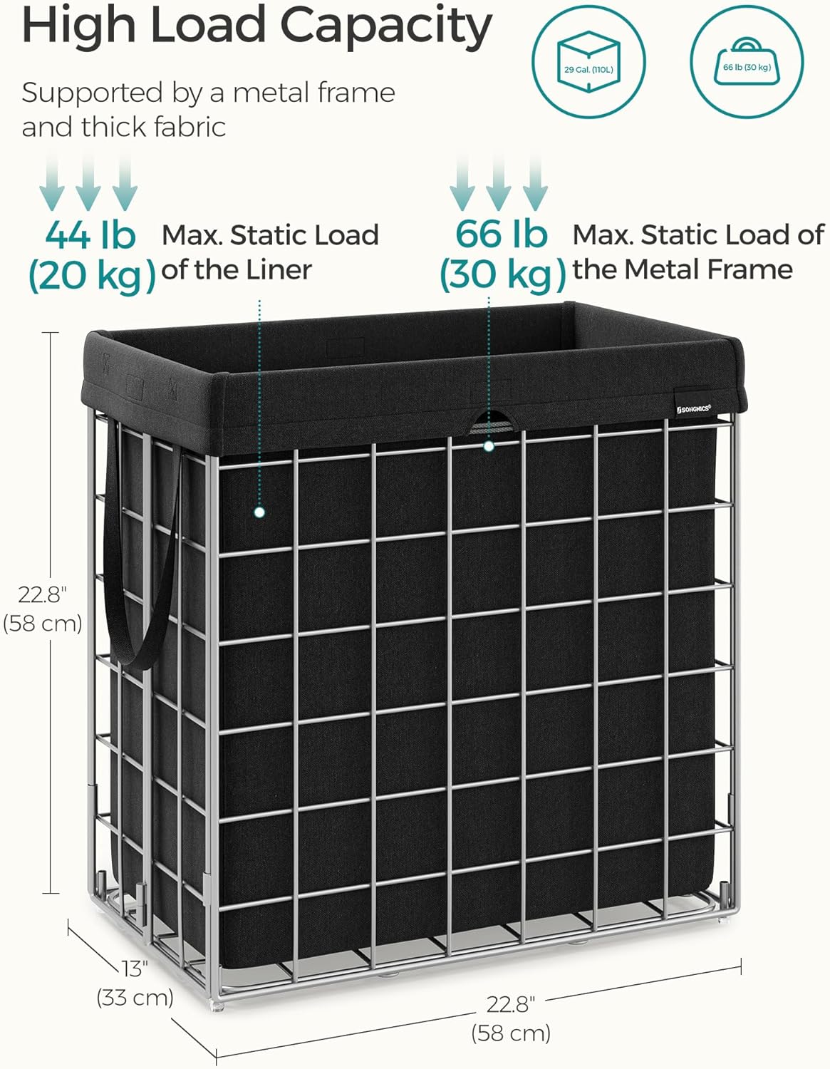 SONGMICS 29 Gal. (110L) Laundry Basket, Laundry Hamper, Collapsible Clothes Hamper, Removable and Washable Liner, Metal Wire Frame, for Bedroom Bathroom, Silver and Classic Black ULCB111B01