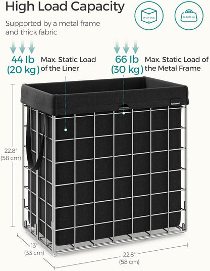 SONGMICS 29 Gal. (110L) Laundry Basket, Laundry Hamper, Collapsible Clothes Hamper, Removable and Washable Liner, Metal Wire Frame, for Bedroom Bathroom, Silver and Classic Black ULCB111B01