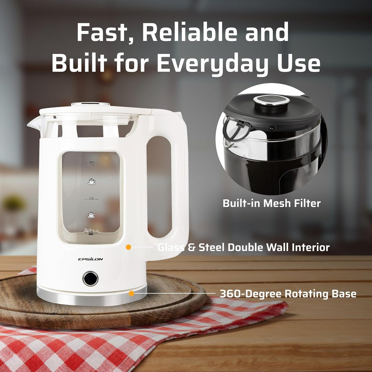 Epsilon 1.7L Glass Electric Kettle – Hot Water Tea Kettle with LED Light, Stainless Steel & Borosilicate Glass, Auto Shut-Off