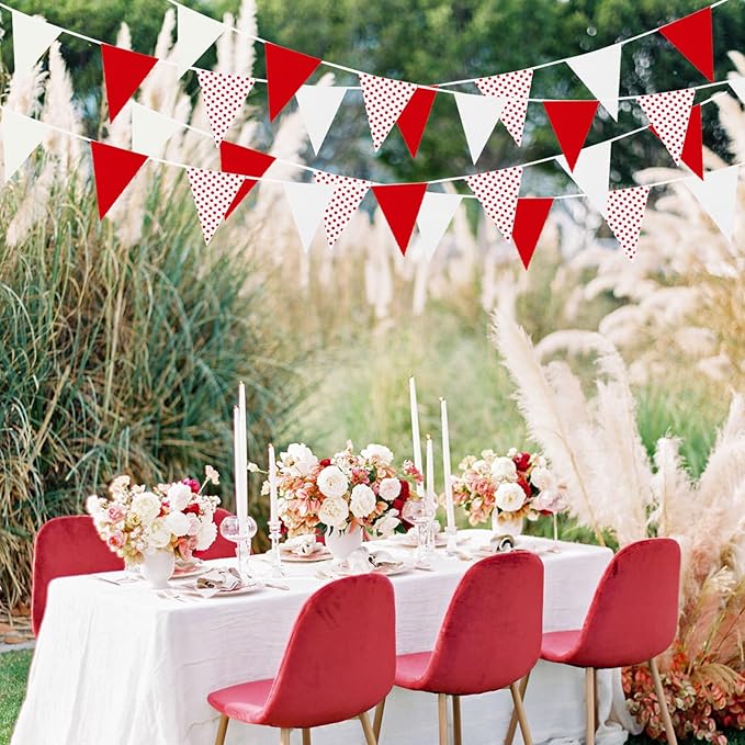 Zwiebeco 39Ft Red White Dot Fabric Bunting Banner Triangle Flags Cotton Garland Pennant for Birthday Wedding Engagement Carnival Party Classroom Nursery Home Outdoor Garden Decorations
