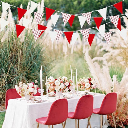 Zwiebeco 39Ft Red White Dot Fabric Bunting Banner Triangle Flags Cotton Garland Pennant for Birthday Wedding Engagement Carnival Party Classroom Nursery Home Outdoor Garden Decorations