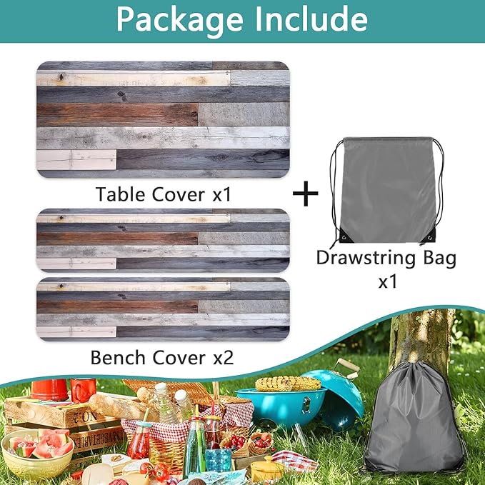 Picnic Table Cover with Bench Covers Rustic Farmhouse Waterproof Windproof Fitted Outdoor Patio Camping Rectangle Tablecloth 72x30 Inch Elastic Edges