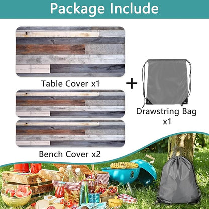 Picnic Table Cover with Bench Covers Rustic Farmhouse Waterproof Windproof Fitted Outdoor Patio Camping Rectangle Tablecloth 72x30 Inch Elastic Edges