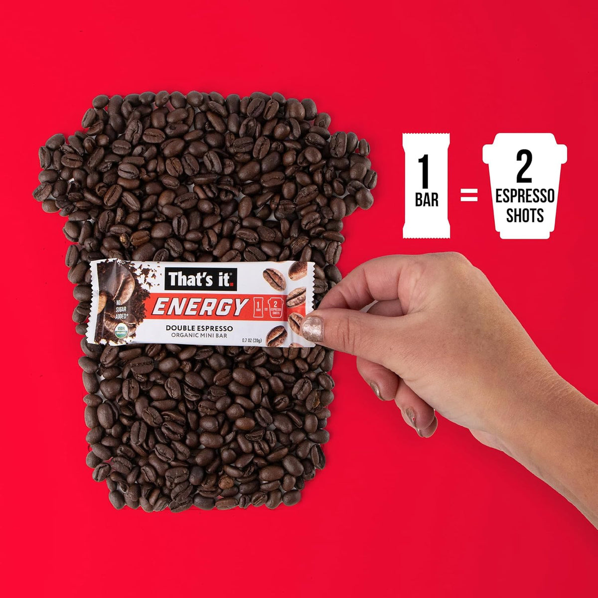 That’s it. Organic Energy Coffee Mini Bars - (1 Mini Bar = 2 Espresso Shots) Grab and Go, No Added Sugars, Non-GMO, Caffeine Power Snack, Kosher, Allergy Friendly (Double Espresso - 15 Count)