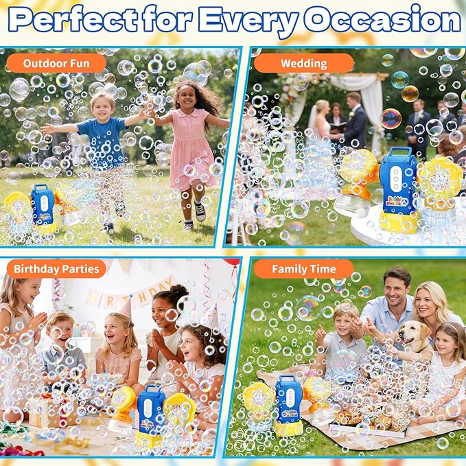 Rechargeable Bubble Machine for Kids, Dual Switch Control, Automatic 360° Rotation & 90° Adjustable Bubble Blower Maker with LED Lights Indoor Outdoor Toy Gift for Birthday Wedding Parties