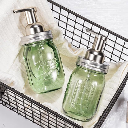 Amolliar Green Glass Mason Jar Foaming Soap Dispenser, 16OZ Hand Soap Dispenser, Plastic Pump & Stainless Steel Lid & Lable, Kitchen Dish Soap Bathroom Accessories Set, Soap Pump Bottle, Silver 2 Pack