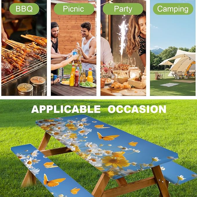 ANNA QUEEN 6FT Daisy Spring Picnic Table Cover with Bench Covers Picnic Table Cover Set 3PCS 72"x30", Outdoor Bench and Tablecloth Furniture Protection