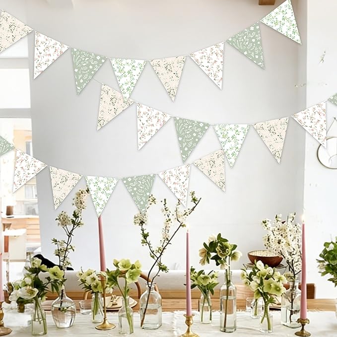 3pcs Sage Green Floral Triangle Bunting Banners Garland, Boho Wildflower Pennant Flags for Baby Shower Bridal Shower Wedding Birthday Party Garden Home Decor