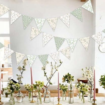 3pcs Sage Green Floral Triangle Bunting Banners Garland, Boho Wildflower Pennant Flags for Baby Shower Bridal Shower Wedding Birthday Party Garden Home Decor