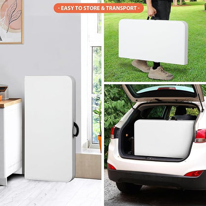 SUPER DEAL 3 Foot Square Folding Card Table, Indoor Outdoor Portable Plastic Heavy Duty Fold-in-Half Puzzles Camping Picnic Party Table with Carrying Handle, White