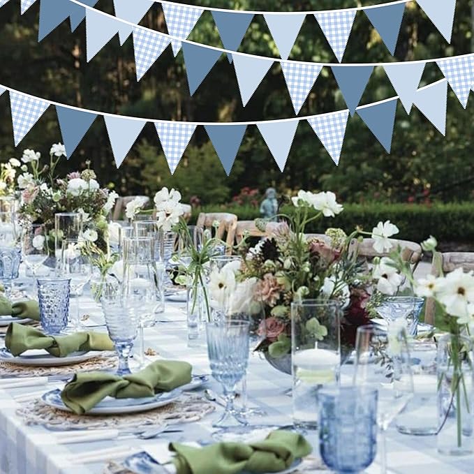 32Ft Dusty Blue Party Decorations Retro Blue Gingham Triangle Banner Flag Pennant Fabric Garland Streamers for Nautical Wedding Birthday Ahoy Achor Bridal Baby Shower Under The Sea Decor Supplies