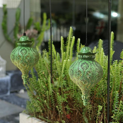 Moroccan Solar Lanterns Outdoor Waterproof Green Hanging Lanterns Outdoor Ramadan Garden Decor Gardening Gifts for Women Mom Grandma Solar Lights for Patio, Pathway, Yard, Porch, Backyard.