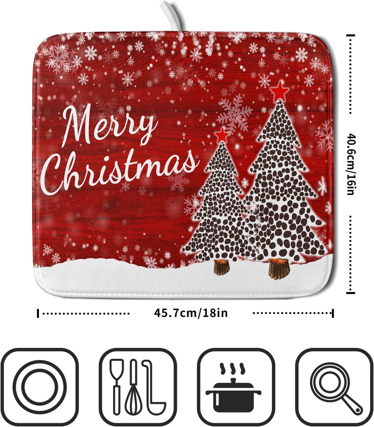 Merry Christmas Tree Red Dish Drying Mat for Kitchen Counter,Winter Snowflake Pine Drying Mat 16 x 18 Inch with Absorbent Reversible Microfiber Dish