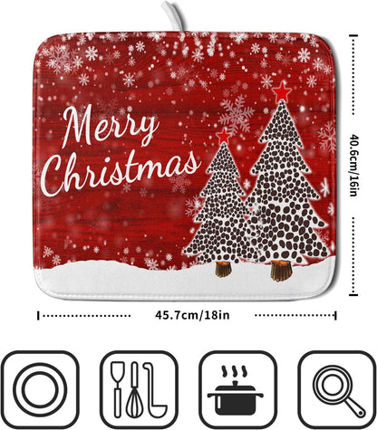 Merry Christmas Tree Red Dish Drying Mat for Kitchen Counter,Winter Snowflake Pine Drying Mat 16 x 18 Inch with Absorbent Reversible Microfiber Dish