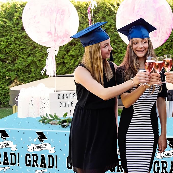 2Pcs Graduation Tablecloth, 108" X 54" Skyblue Graduation Table Decor 2026, Rectangle Tablecloth for Class 2026 Congrats Grad, Disposable Plastic Tablecover for Grad Decor Party Supplies for Kids