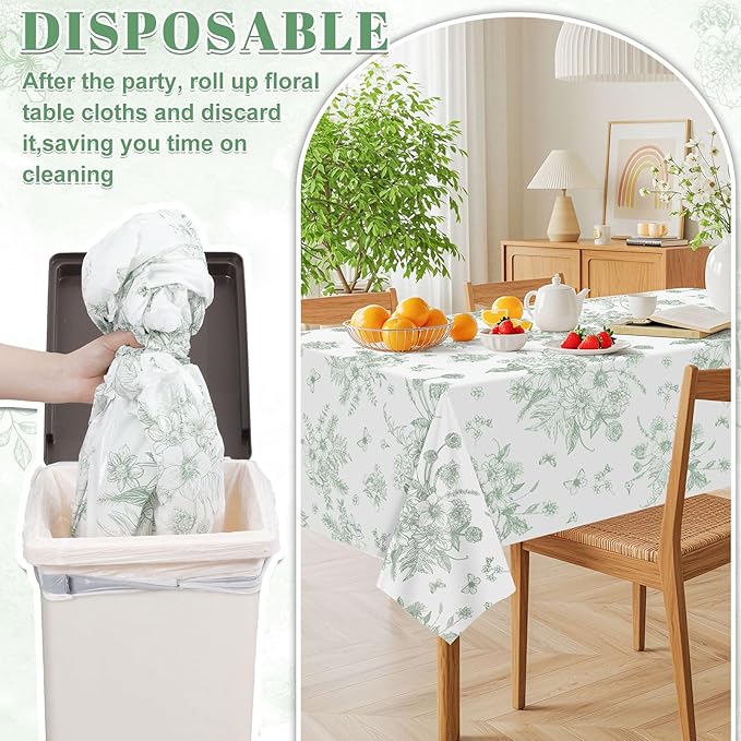 3 Pack Sage Green Floral Plastic Tablecloths, 54 X 108Inch Tea Party Tablecloth Disposable Table Cloths Green and White Porcelain Tables Decor for Garden Wedding Tea Party Birthday Baby Bridal Shower