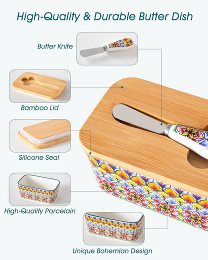vancasso SIMI Butter Dish with Lid, 6.5" Large Butter Dish for Countertop, Bohemian Ceramic Butter Keeper Container with Knife and Bamboo Lid, Butter Holder for Counter, Golden Bloom
