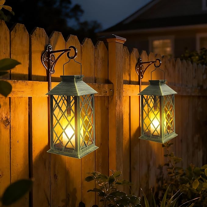 Solar Lantern Outdoor, 2 Pack 14" Waterproof Outdoor Garden Hanging Lanterns ,Flickering Dancing Flame Candle Mission Lights for Outdoor Mothers Day Gifts and Christmas
