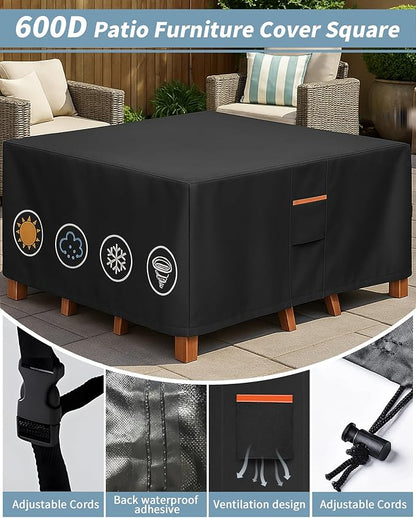 Outdoor Waterproof Furniture Cover, 94W x 94L x 28H inches Heavy Duty 600D Square Table and Chair Set Protection, Black