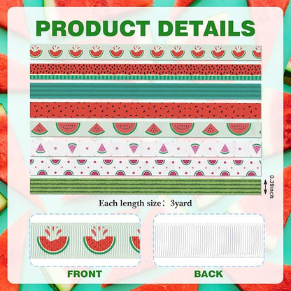 YKW Watermelon Grosgrain Ribbons 8 Pack - 3/8 Inch Summer Theme Ribbon Set, 3 Yards Each for DIY Crafts Party Decorations Hair Bows Gift Wrapping Arts