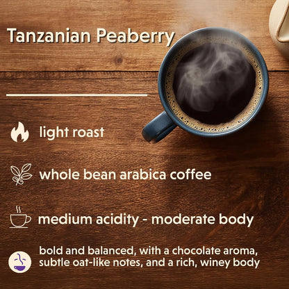 Coffee Bean Direct Tanzanian Peaberry, Whole Bean, 2.5lb Bag | Light Roast, Single Origin Arabica Coffee Beans