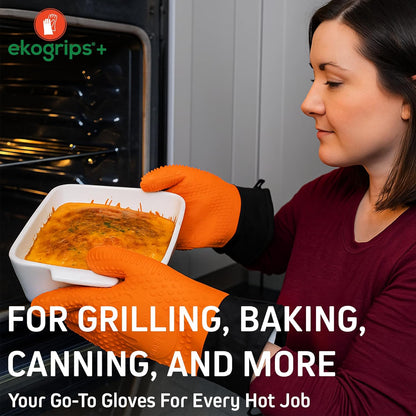 Ekogrips Plus Oven Gloves with Fingers, Comfy Waterproof Silicone Oven Mitts Heat Resistant with Long Cuff, Insulated BBQ Gloves Perfect for Grilling