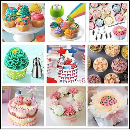 130 Pcs Piping Bags and Tips Set with 48 Numbered Icing Tips,7 Russian Tips,1 Ball Tip,2 Leaf Tips,Pattern Chart,8 Carved Pens,4 Couplers,6 Ties