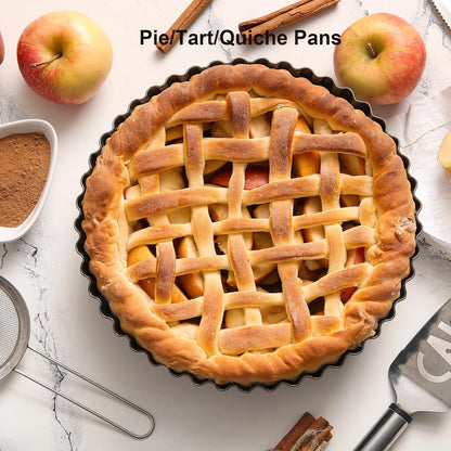 11 & 9 Inch Round Tart Pans with 2Pcs 4'' Mini Pans. Removable Bottom, Non-Stick Coating, Rugged Carbon Steel for Tart Quiche Pie Making