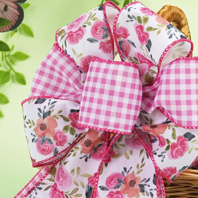 LaRibbons Floral Ribbon Wired 2 Rolls 2.5 Inch x 12 Yards TTL, Flower Pink and White Plaid Spring Summer Ribbon with Rose Printed for Wreath Crafts Wrapping Bow